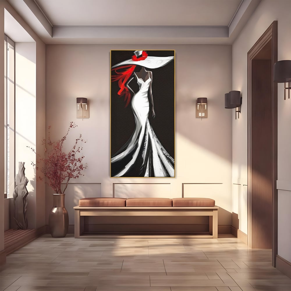 Tablou canvas cu tablou canvas cu silueta de femeie in rochie alba, in rama de aluminiu auriu